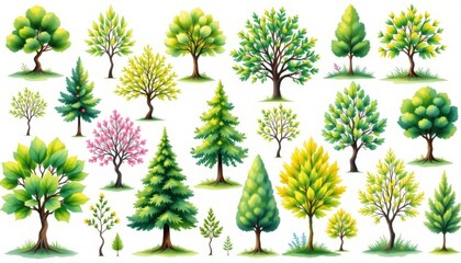 a vibrant collection of watercolor green trees, each a unique masterpiece, stands proudly on an pristine white backdrop