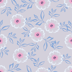 Cute floral pattern. Seamless vector pattern. Elegant template for fashion prints. Small pink and blue flowers for folk print. White background. Stock vector