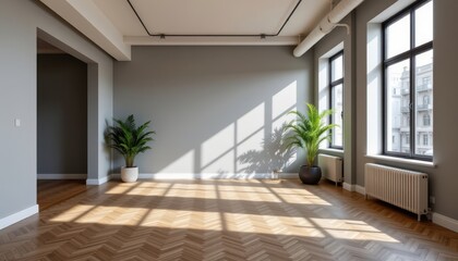 a sleek and spacious loft, bathed in natural light from a large window, features gray walls punctuated by a single potted plant and a herringbone parquet floor