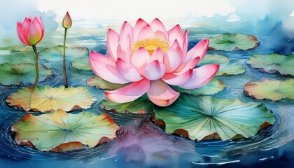 a serene watercolor painting of a pink lotus flower surrounded by green lily pads on a tranquil blue water surface