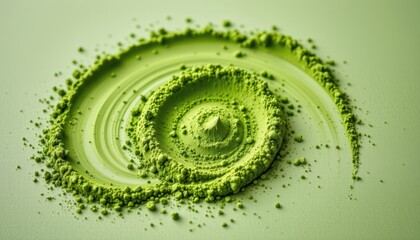 a smooth, ethereal backdrop of matcha powder, its delicate green hue lending a touch of serenity to the scene, perfect for highlighting the intricate patterns and swirls of the powder.