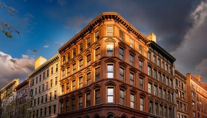 Fototapeta premium art deco brownstone buildings in golden afternoon light geometric shadows vintage urban architecture dramatic sky