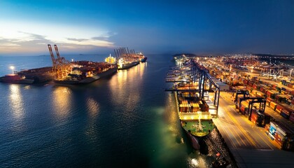 Naklejka premium night lights in the harbor with ships and containers high angle drone view