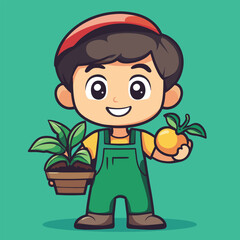Cartoon Gardener Boy Holding Potted Plant and Orange Fruit with Leaves