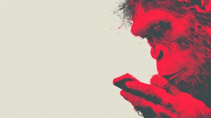 Homo neanderthalensis figure deeply focused on a glowing smartphone in minimalist design