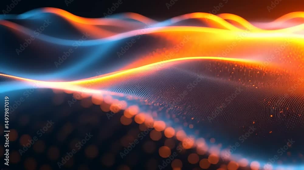 Poster abstract digital wave background with orange and blue glowing particle mesh motion