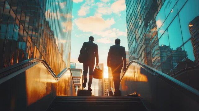 Businessmen walking up stairs in city with skyscrapers and sky at sunset professional journey vision