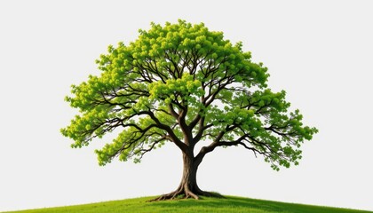 Obraz premium a verdant tree, its branches reaching for the sun, stood majestically on a pure white canvas, its vibrant foliage a stark contrast against the pristine backdrop.