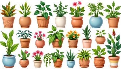 a diverse array of potted plants, each with its unique charm and personality, is showcased in an isolated illustration against a crisp, white background