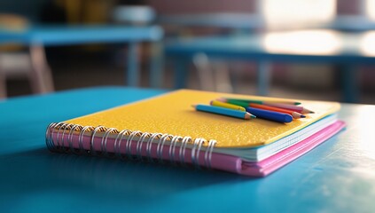 Colorful pencils on notebook with classroom.