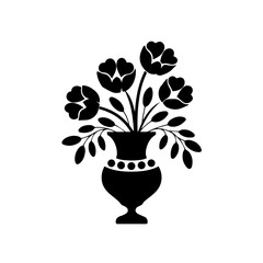 Silhouette illustration of a decorative floral bouquet in an ornate vase, featuring various blooming flowers and foliage, isolated on white background with intricate, vintage-style detailing.