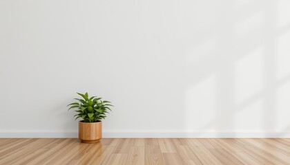 a warm wooden floor, adorned with a single, verdant potted plant, stood proudly against the stark white canvas of an isolated shot, adding a touch of natural elegance to the scene.