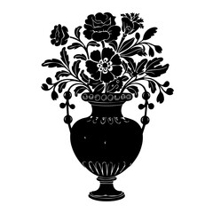 Silhouette illustration of a decorative floral bouquet in an ornate vase, featuring various blooming flowers and foliage, isolated on white background with intricate, vintage-style detailing.