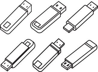 set of usb flash drive line art, black outline, vector and illustration, coloring book page line art drawing