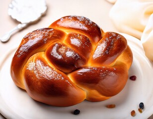hala bread is a round challah braided and covered with raisins
