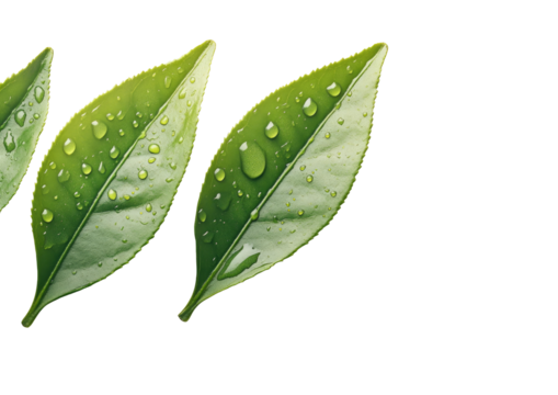Three vibrant green leaves, glistening with dew drops, arranged in a slightly staggered row against a stark black background.  The leaves exhibit a smooth texture and detailed venation