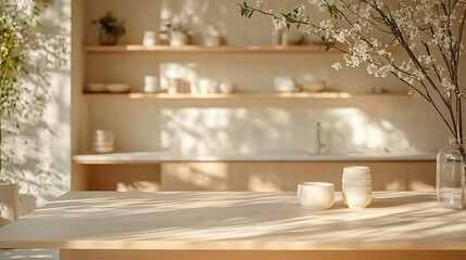 A photograph of a smooth spruce tabletop, pale blonde finish, low angle, blurred minimalist kitchen with white marble countertops, open shelving, and diffused natural light. Bright, soft atmosphere.