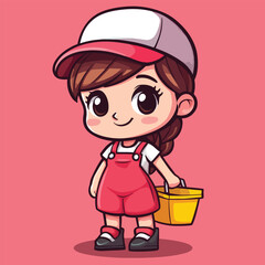 Cartoon girl in red overalls and white cap holding a yellow bucket