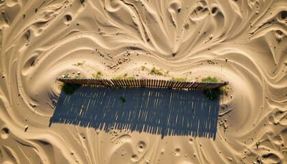 a bird's eye view reveals a weathered wooden fence encircling a sandy stretch, casting long, dramatic shadows across its surface.