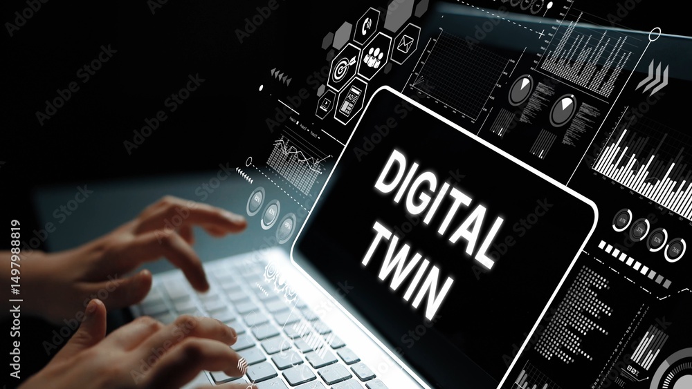 Poster digital twin concept displayed on laptop with data visualization and analytics graphics in dark envi