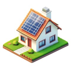 Isometric house with solar panels on roof isolated on white background