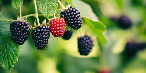Blackberries grow on a vine in a sunny garden, showcasing ripe and unripe fruit in vibrant colors