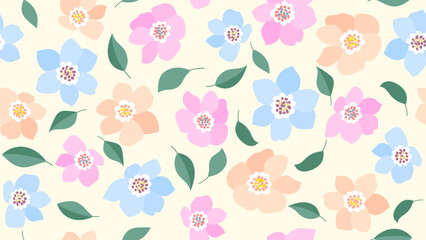 Pastel floral seamless pattern on a light yellow background. summer motif hand drawn flower and green leaves in simple decorative style