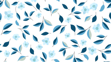 Blue flower and leaves on white background, seamless pattern print in rustic vintage style