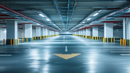 Empty Underground Parking Garage with Bright Lighting and Concrete Structure