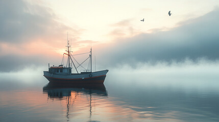 3D render of a fishing boat at dawn, mist over calm water, soft light reflecting on the surface 