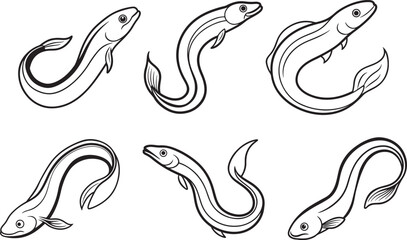 set of eel fish line art, black outline, vector and illustration, coloring book page line art drawing