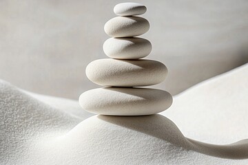 Balanced arrangement of white stones on smooth sand during daylight creates a serene and minimalist landscape