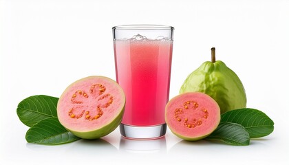 glass of pink guava juice with bubbles and fresh guava fruit isolated on white background