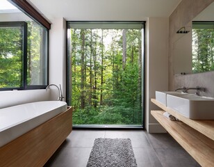 Fototapeta premium modern interior bathroom with large windows and bathtub overlooking green forest