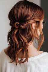 Elegant half-up hairstyle with soft waves showcased by a model in a natural setting