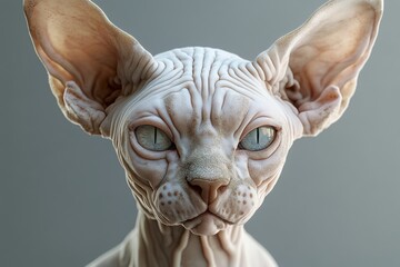 Obraz premium Unique sphynx cat displaying remarkable facial features against a neutral background in a well-lit setting