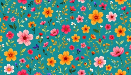 a vibrant floral symphony unfolds in a seamless pattern, rendered in the charming style of kid drawn botanical art