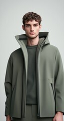 Fashionable young man poses in modern attire in a studio setting showcasing sleek design and contemporary style during a photoshoot