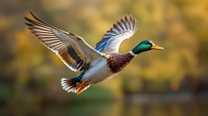 Obraz premium A mallard duck flying with its wings spread in front of a blurred background