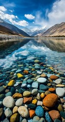 Colorful stones with mountain lake reflection.