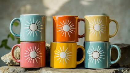 Colorful Sun Mugs Stacked Outdoors.