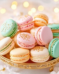 Obraz premium Colorful macarons arranged beautifully on a decorative tray, showcasing various flavors and textures during a festive gathering