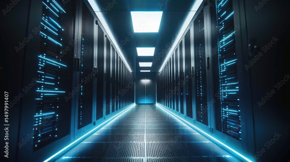 Poster futuristic data center corridor with sleek black server racks, glowing floor lighting, and bright ce