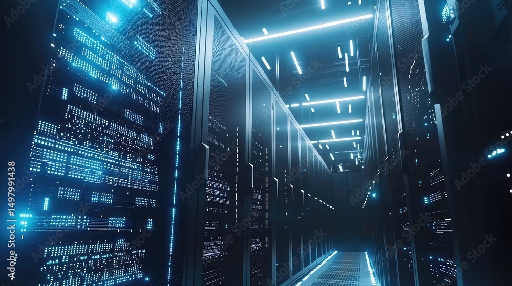 Poster High performance data center with glowing server racks, futuristic lighting, and metallic floor grates; ideal for AI infrastructure, digital storage, and tech branding