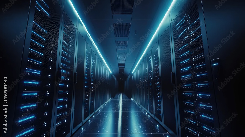 Poster symmetrical data center hallway with glowing server cabinets, dark reflective floor, and sleek led c