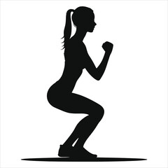 Fit woman performing a squat exercise vector silhouette./A dynamic silhouette of a woman performing a squat exercise against a white background.