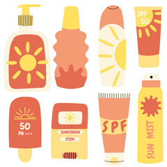 Set of sun protection skincare products.Illustration of SPF creams, lotions, sprays and sunscreen bottles. Concept of healthy skin, beach vacation, outdoor activities and sun safety.