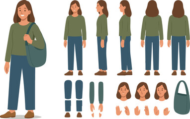 Teenage girl character with shopper bag. Constructor for animation. Front, side and back view set. Body parts, postures, poses collection. Vector illustration.