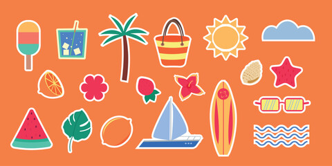 Summer vacation sticker set. Season collection. Sun, tout, watermelon, boat, sardines, cloud, citrus, glasses, palm, flower, ice cream, seashell, slingback, drink. Vector illustration