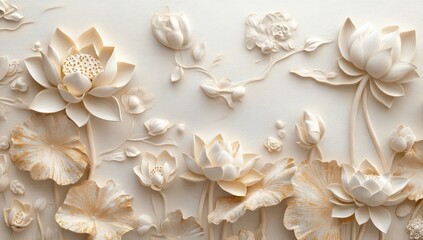 Creamy beige embossed lotus flowers and leaves on a white background